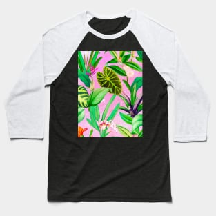 Stylish Tropical floral leaves and foliage botanical illustration, botanical pattern, tropical plants, pink leaves pattern over a Baseball T-Shirt